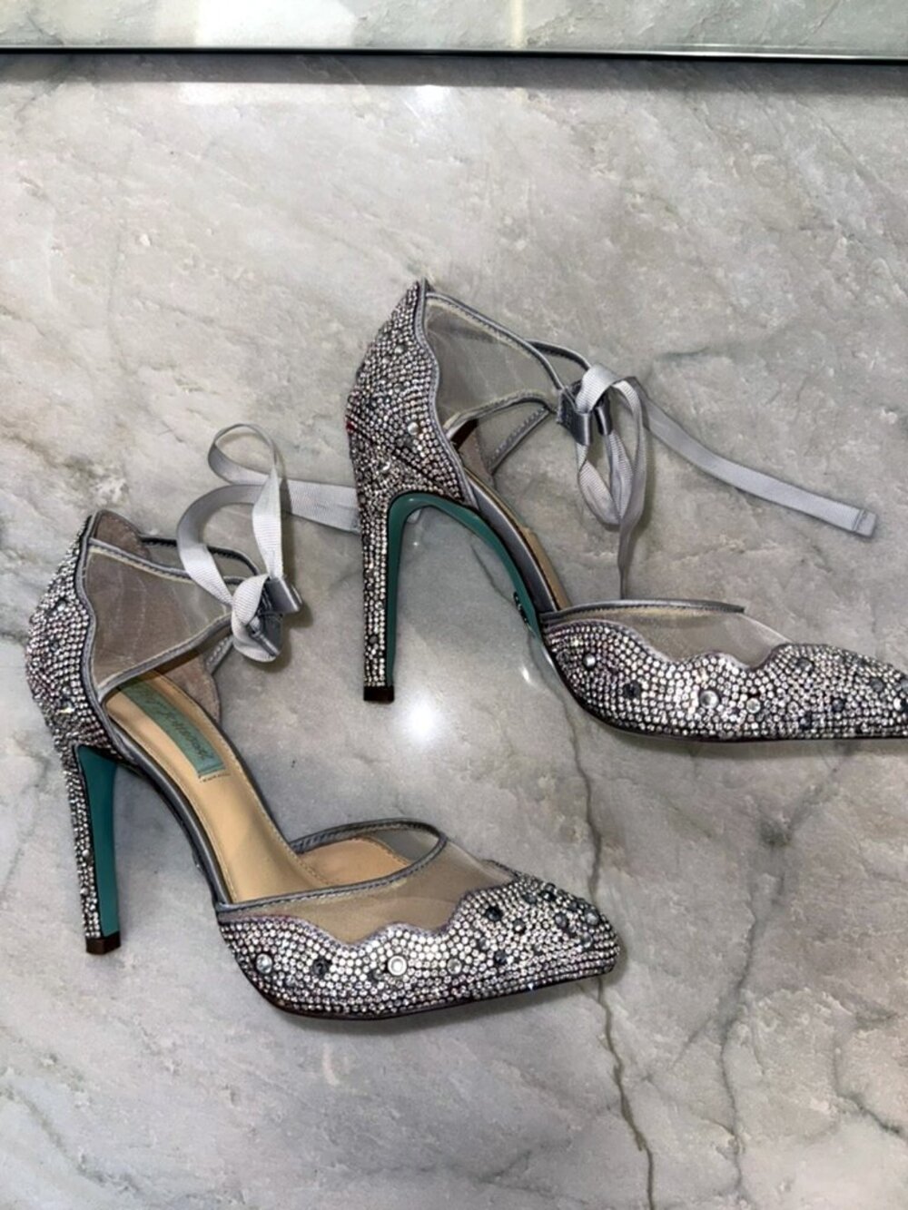 Blue by Betsey Johnson SB-Iris Silver Rhinestone Mesh Ankle Tie Pumps Size 7
